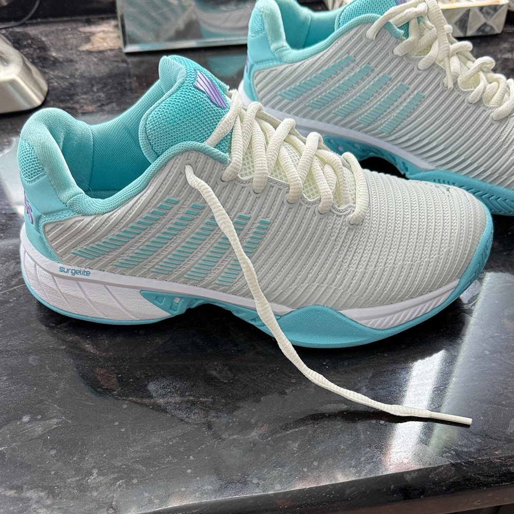 K-Swiss White and Teal Pickleball Shoes